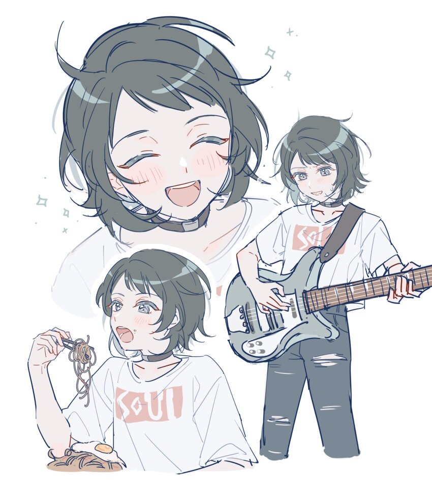 1girl, aged_down, bang_dream!, bang_dream!_it's_mygo!!!!!, black_choker, black_hair, black_pants, blush, breasts, choker, chopsticks, cleavage, closed_eyes, commentary, eating, bass_guitar, fondy_(fondy1999), food, fried_egg, highres, holding, holding_chopsticks, instrument, music, noodles, open_mouth, pants, playing_bass_guitar, playing_instrument, shirt, short_hair, simple_background, soba, sweat, teeth, upper_teeth_only, white_background, white_shirt, yahata_umiri