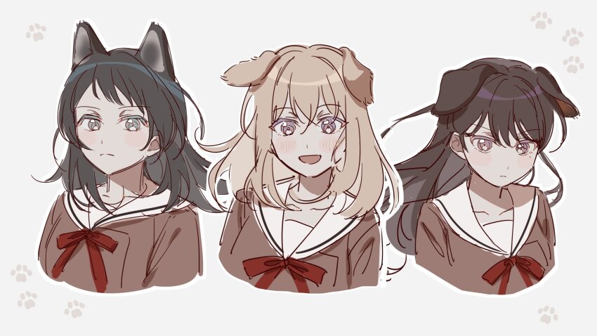 3girls, animal_ears, bang_dream!, bang_dream!_it's_mygo!!!!!, black_hair, blonde_hair, blue_eyes, blush