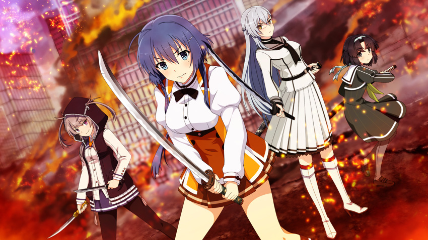 4girls, ayanokouji_martial_arts_school_uniform, black_bow, black_bowtie, black_hair, black_neckerchief, black_pantyhose, black_shoes