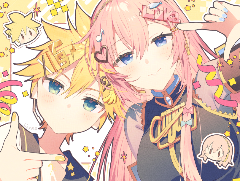 1boy, 1girl, banana_hair_ornament, blonde_hair, blue_eyes, blue_nails, blush, breasts