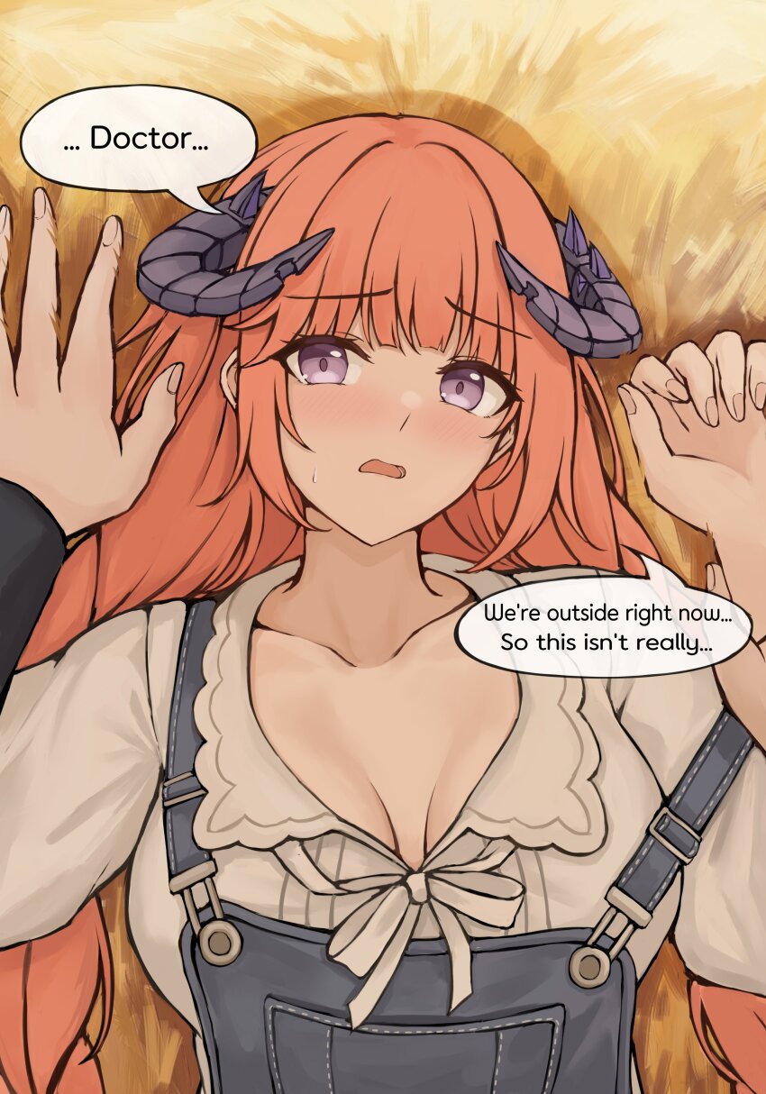 1boy, 1girl, absurdres, arknights, bagpipe_(arknights), bagpipe_(echo_of_bagpipes)_(arknights), blush, braid, breasts, commentary, dragon_girl, dragon_horns, english_commentary, english_text, gongbangmanchi_(daisy_cutter), grey_overalls, grey_skirt, highres, horns, large_breasts, long_hair, looking_at_viewer, medium_breasts, official_alternate_costume, open_mouth, orange_hair, overalls, pov, purple_eyes, skirt, speech_bubble, suspenders, suspenders_slip, sweatdrop, twin_braids, upper_body, yukadon