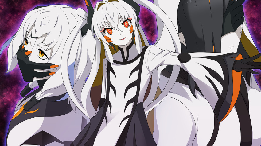 3girls, black_hair, closed_mouth, colored_skin, covered_eyes, covered_mouth, game_cg, hair_between_eyes