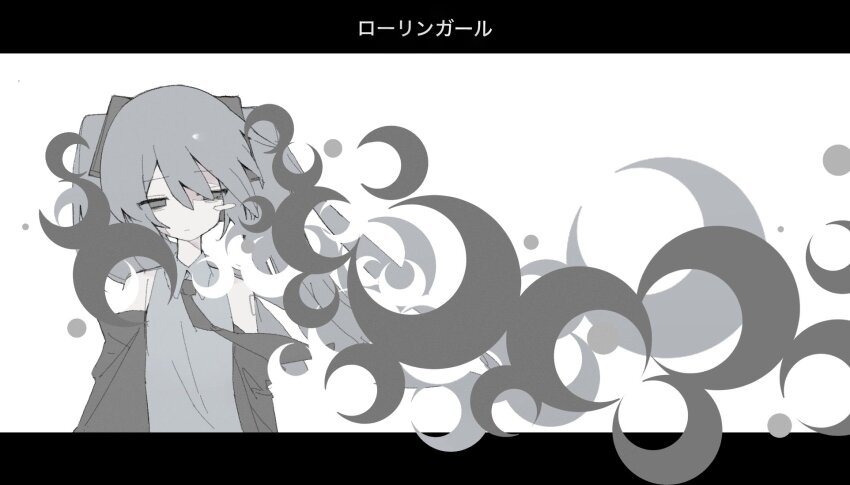 14u0, 1girl, abstract_background, arms_at_sides, bare_shoulders, collared_shirt, crescent, depressed