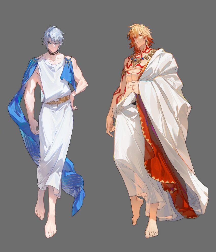 2boys, abs, absurdres, ancient_greek_clothes, antenna_hair, arm_tattoo, armlet, barefoot