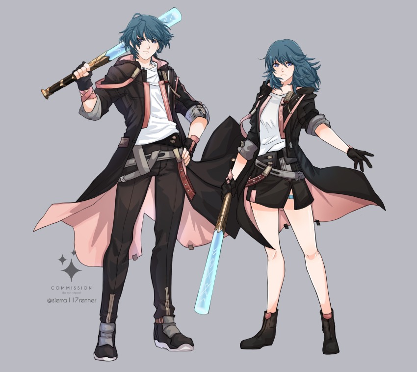 1boy, 1girl, absurdres, artist_name, baseball_bat, belt, black_boots, black_gloves