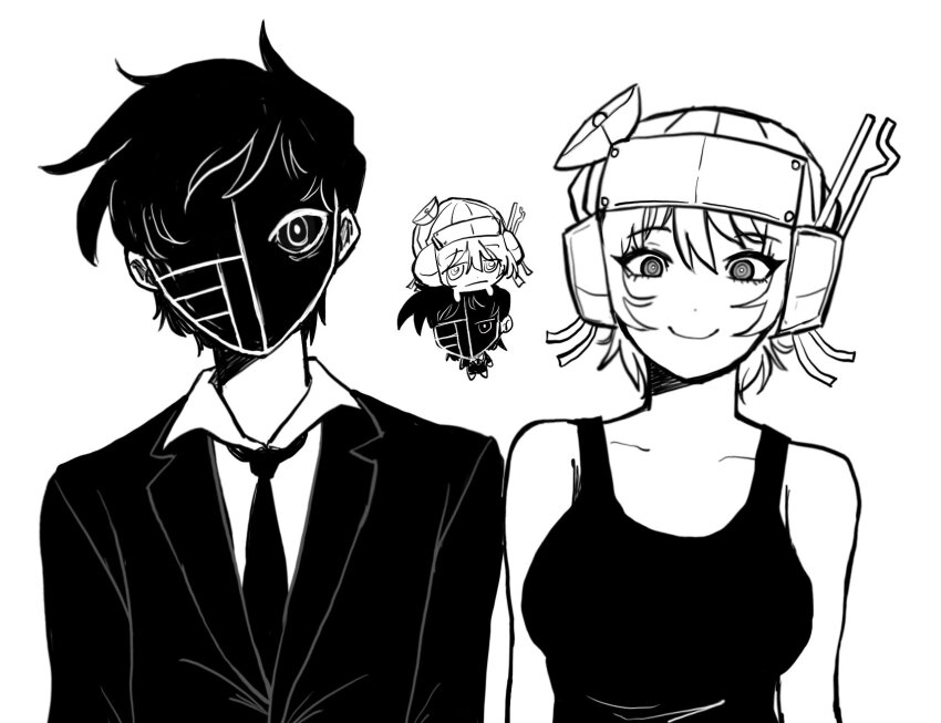 1boy, 1girl, black_hair, black_necktie, black_suit, black_tank_top, c'venash_vishneri, chibi