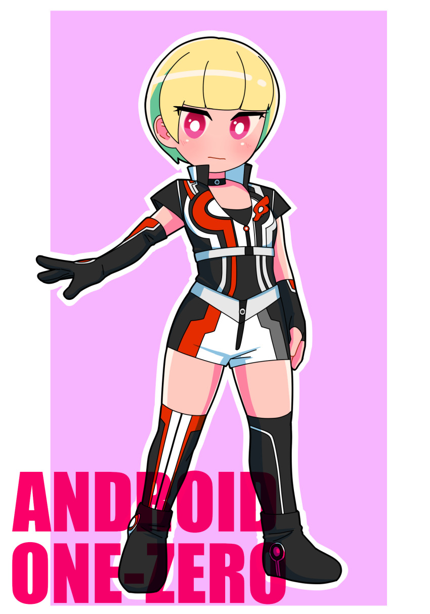 1girl, :|, android, android_one-zero, animification, asymmetrical_gloves, asymmetrical_legwear, black_boots