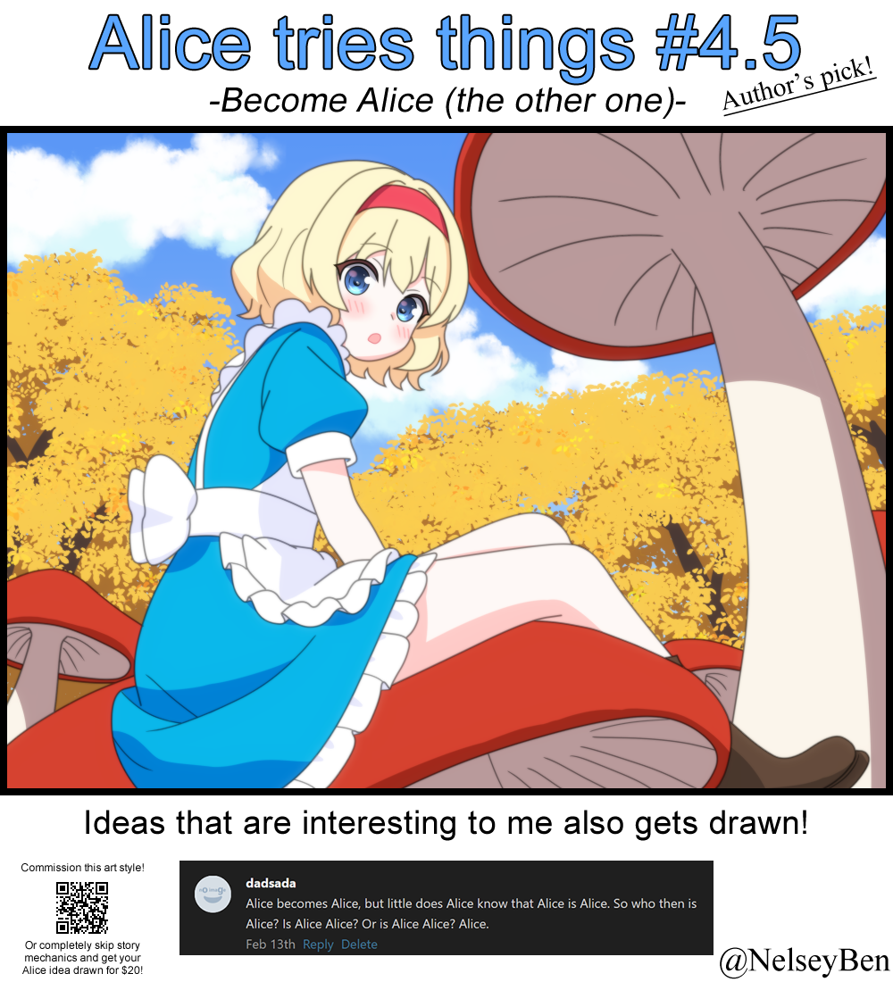 1girl, alice_(alice_in_wonderland), alice_(alice_in_wonderland)_(cosplay), alice's_adventures_in_wonderland, alice_margatroid, alternate_costume, apron, autumn_leaves, blonde_hair, blue_dress, blue_eyes, blue_sky, blush, bnelsey, boots, brown_boots, cloud, commentary, cosplay, day, dress, english_commentary, english_text, giant_mushroom, hairband, leaf, mushroom, open_mouth, outdoors, puffy_short_sleeves, puffy_sleeves, qr_code, red_hairband, request_inset, screenshot_inset, short_sleeves, sitting, sky, solo, touhou, twitter_username, white_apron