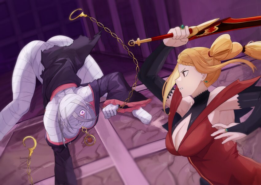 2girls, absurdres, akihitoevon, ass, bandaged_head, bandages, bare_shoulders, braid