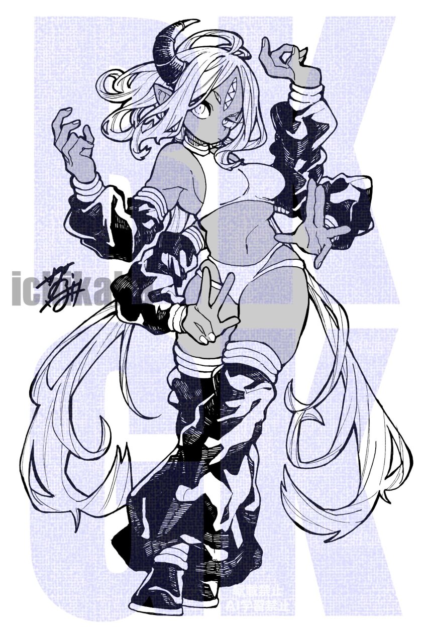 1girl, all_yellow777, bra, extra_arms, highres, horns, medium_hair, navel