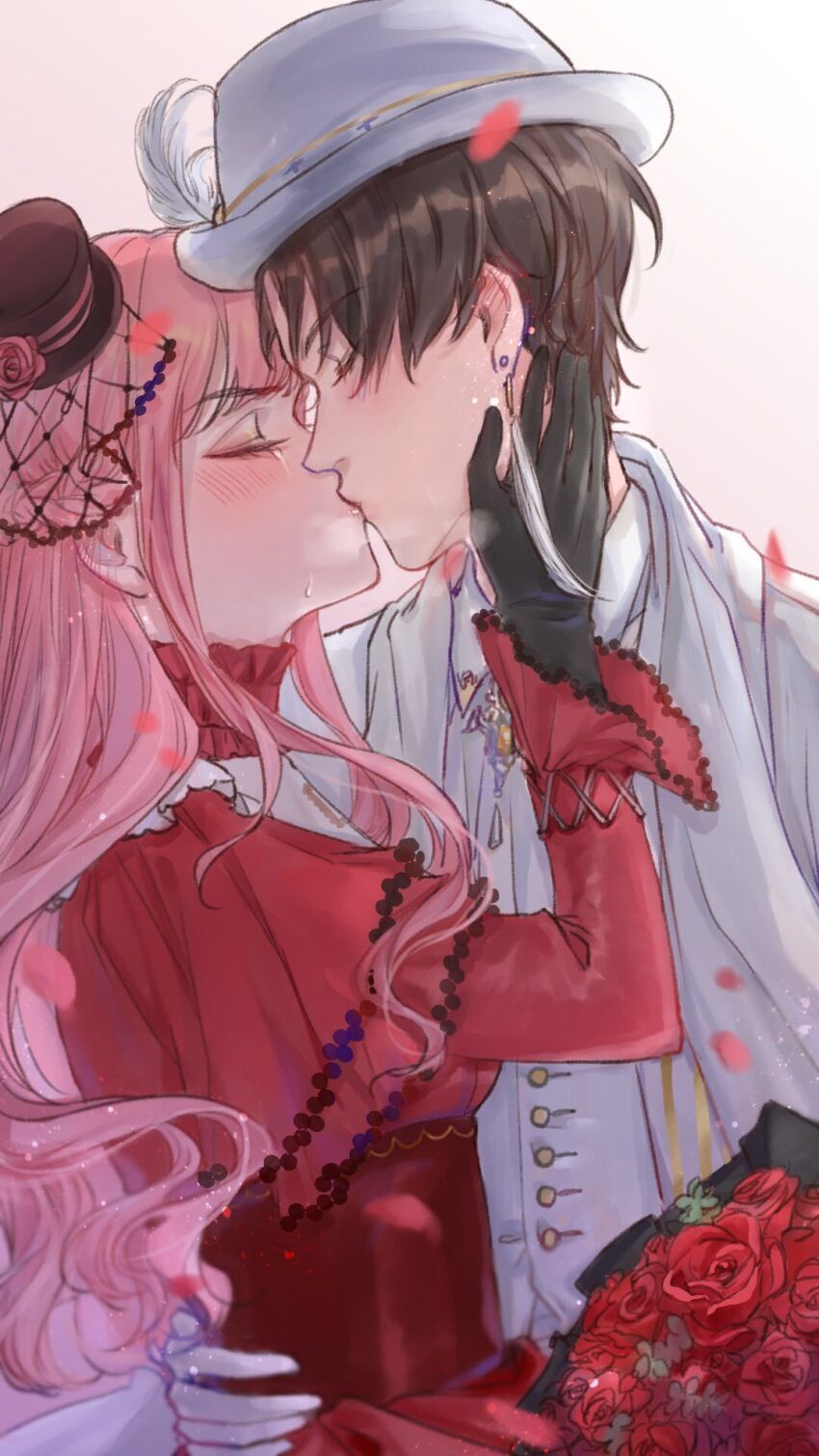 1boy, 1girl, binglanxianqi, black_gloves, black_hat, blunt_bangs, blush, bouquet