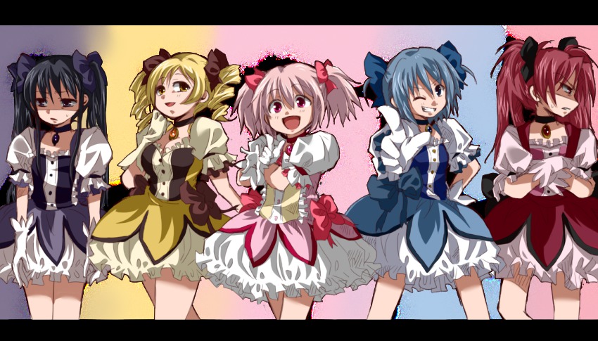 5girls, akemi_homura, alternate_color, alternate_costume, black_hair, blonde_hair, blue_eyes, cosplay