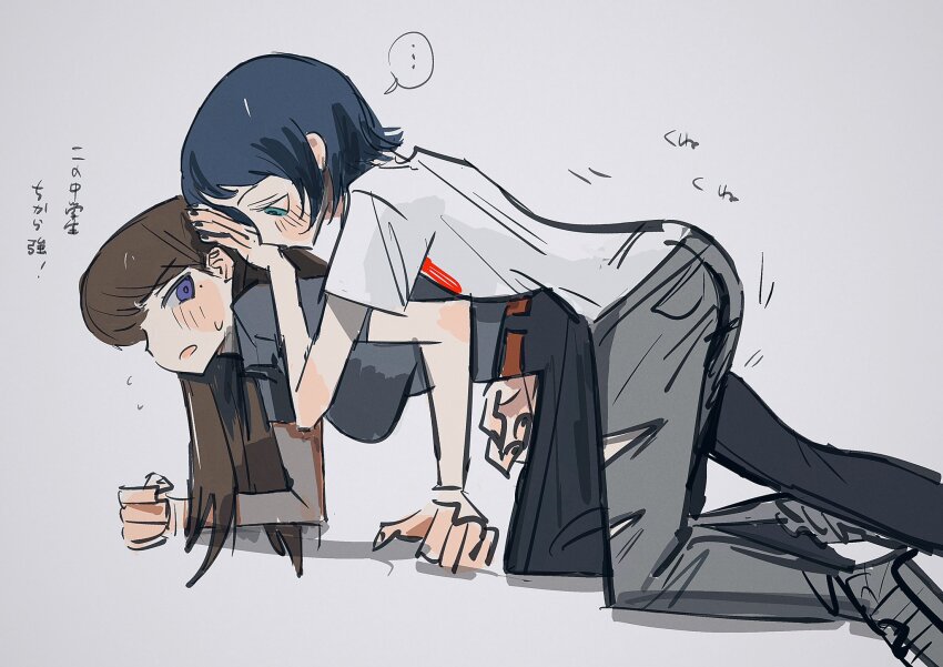 ..., 2girls, aged_down, bang_dream!, bang_dream!_it's_mygo!!!!!, black_hair, black_pants, blue_eyes, blush, breasts, brown_hair, dry_humping, flying_sweatdrops, grey_background, grey_pants, grey_shirt, hand_on_another's_head, highres, humping, long_hair, m_no_harawata, medium_breasts, multiple_girls, pants, purple_eyes, shiina_taki, shirt, short_sleeves, simple_background, spoken_ellipsis, sweatdrop, translation_request, white_shirt, yahata_umiri, yuri