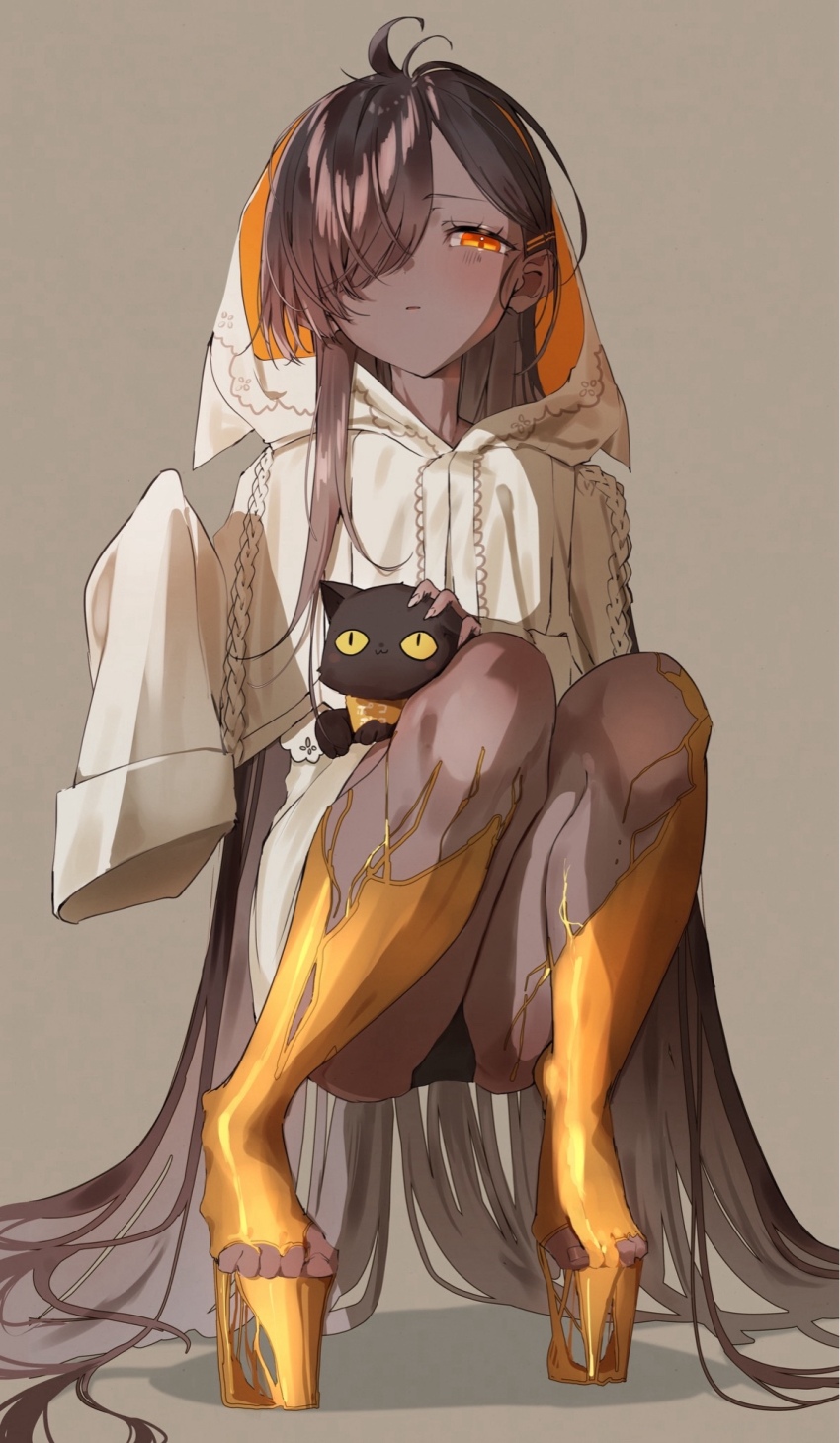 1girl, ahoge, black_cat, black_panties, blush, boots, brown_background, brown_hair