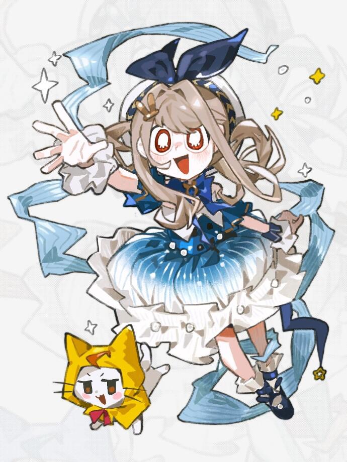 1girl, ahoge, animal, bare_shoulders, beret, blonde_hair, blue_bow, blue_bowtie