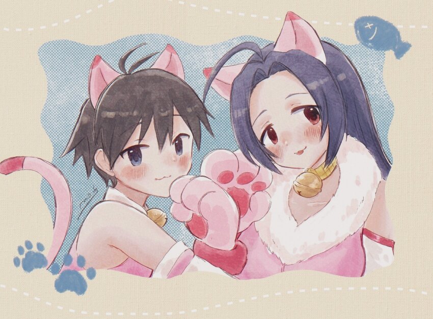 2girls, :3, ahoge, animal_ears, animal_hands, antenna_hair, bare_shoulders, bell