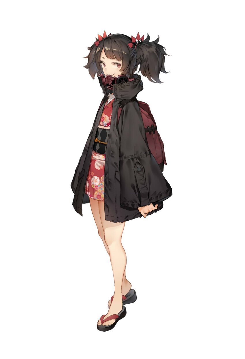 1girl, backpack, bag, bare_legs, black_hair, full_body, gas_mask, hairband, highres, hood, hoodie, jacket, japanese_clothes, kimono, long_hair, mask, mask_around_neck, mogumo, obi, obijime, okobo, open_clothes, open_jacket, platform_sandals, red_eyes, sandals, sash, sideways_glance, standing, swept_bangs, tokoshie_bullet, tokoshie_no._4, twintails, white_background, yukata