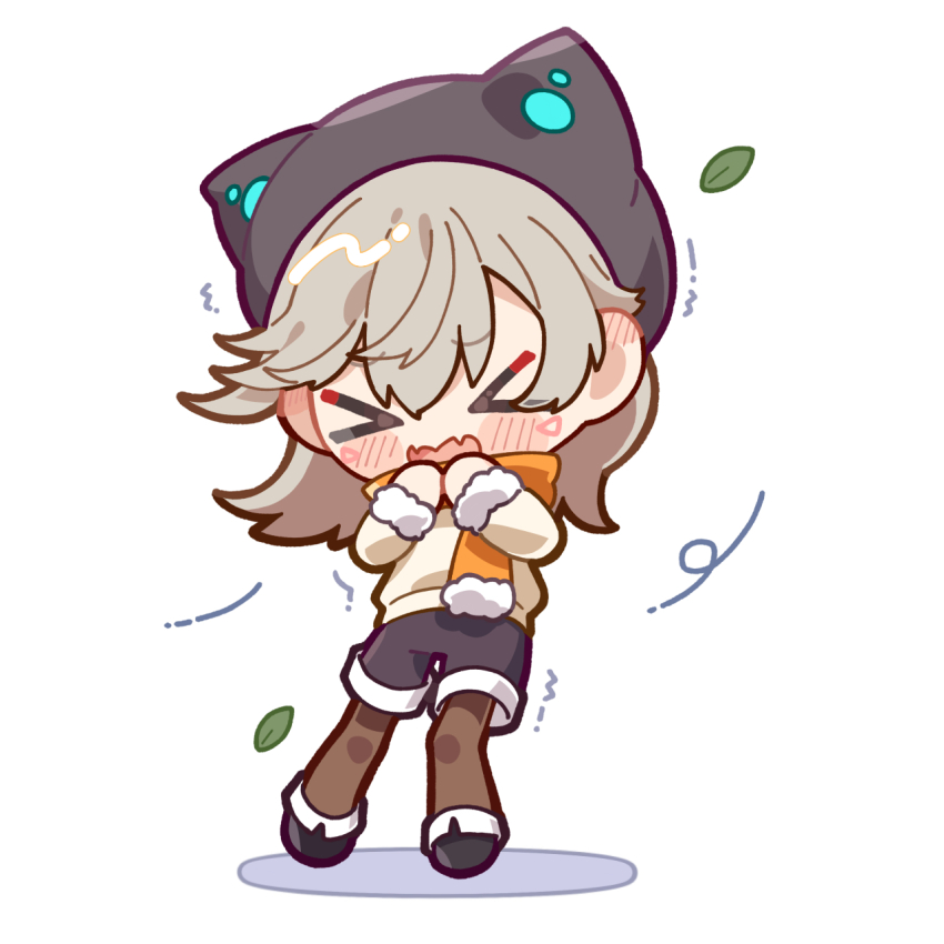 >_<, 1girl, blonde_hair, blush, chibi, closed_eyes, hat, highres