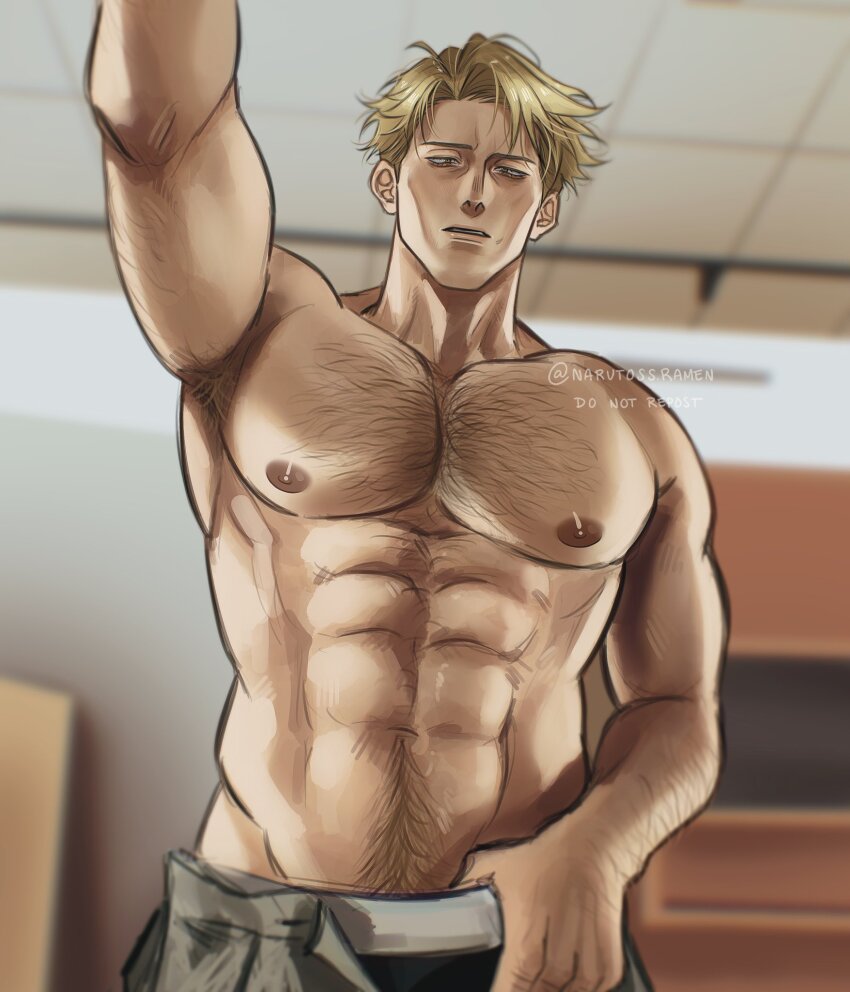 1boy, abs, arm_hair, arm_up, armpit_hair, bara, blonde_hair, cheekbones