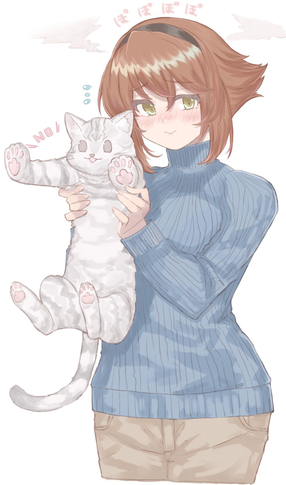 1girl, alternate_costume, animal, azumaya_toride, blue_sweater, blush, brown_hair, brown_pants