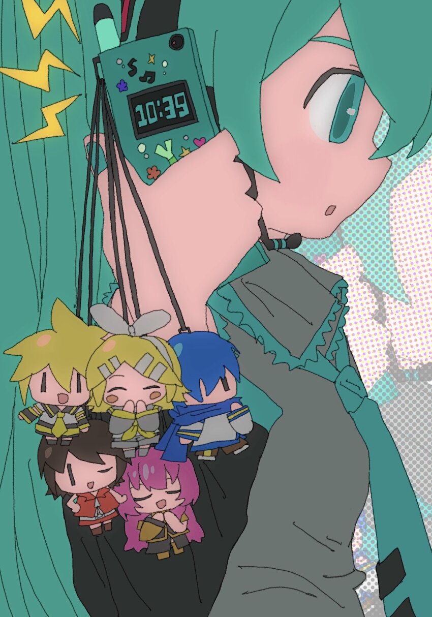 :o, aqua_eyes, aqua_hair, aqua_nails, aqua_necktie, cellphone_charm, character_charm, charm_(object)