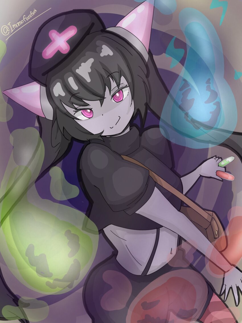 1girl, artist_name, between_fingers, black_hair, black_shirt, black_shorts, chrome_(mon-musu_quest!), closed_mouth, colored_skin, crop_top, cross, demon_girl, hair_between_eyes, hat, highres, hitodama, holding, holding_vial, horizontal-striped_thighhighs, horns, imomofunifuni, long_hair, looking_at_viewer, mon-musu_quest!, mon-musu_quest:_paradox, navel, nurse_cap, pink_eyes, pink_horns, pink_thighhighs, puffy_short_sleeves, puffy_sleeves, purple_skin, red_cross, ringed_eyes, shirt, short_sleeves, shorts, simple_background, smile, solo, striped_clothes, striped_thighhighs, suspender_shorts, suspenders, thighhighs, twintails, vial