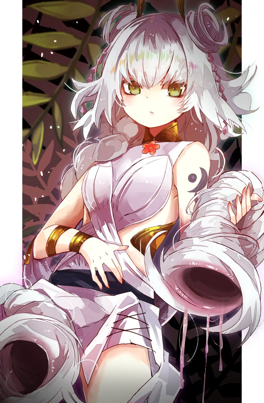 1girl, absurdres, arm_tattoo, blush, bracelet, breasts, closed_mouth, dress