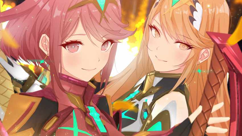2girls, bare_shoulders, blonde_hair, blurry, blurry_background, chest_jewel, core_crystal_(xenoblade), highres