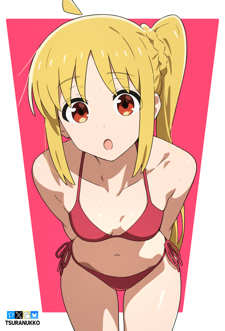 :o, ahoge, artist_name, bikini, blonde_hair, bluesky_logo, bocchi_the_rock!, braid, breasts, detached_ahoge, fanbox_logo, ijichi_nijika, leaning_forward, long_hair, mixed-language_commentary, navel, open_mouth, orange_eyes, pixiv_logo, red_bikini, side-tie_bikini_bottom, side_ponytail, side_ponytail_with_braided_base, small_breasts, swimsuit, tsuranukko, twitter_x_logo