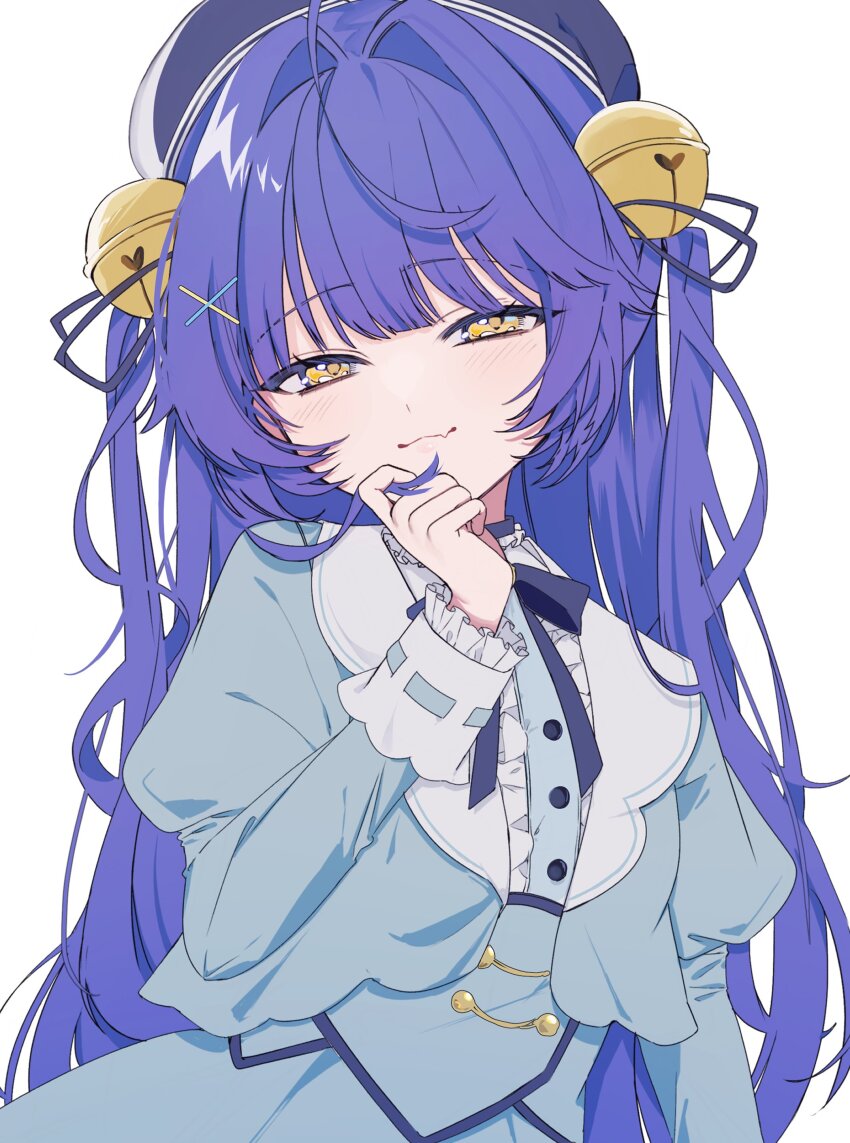 1girl, absurdres, amamiya_kokoro, amamiya_kokoro_(1st_costume), bell, beret, blue_dress, blue_hair