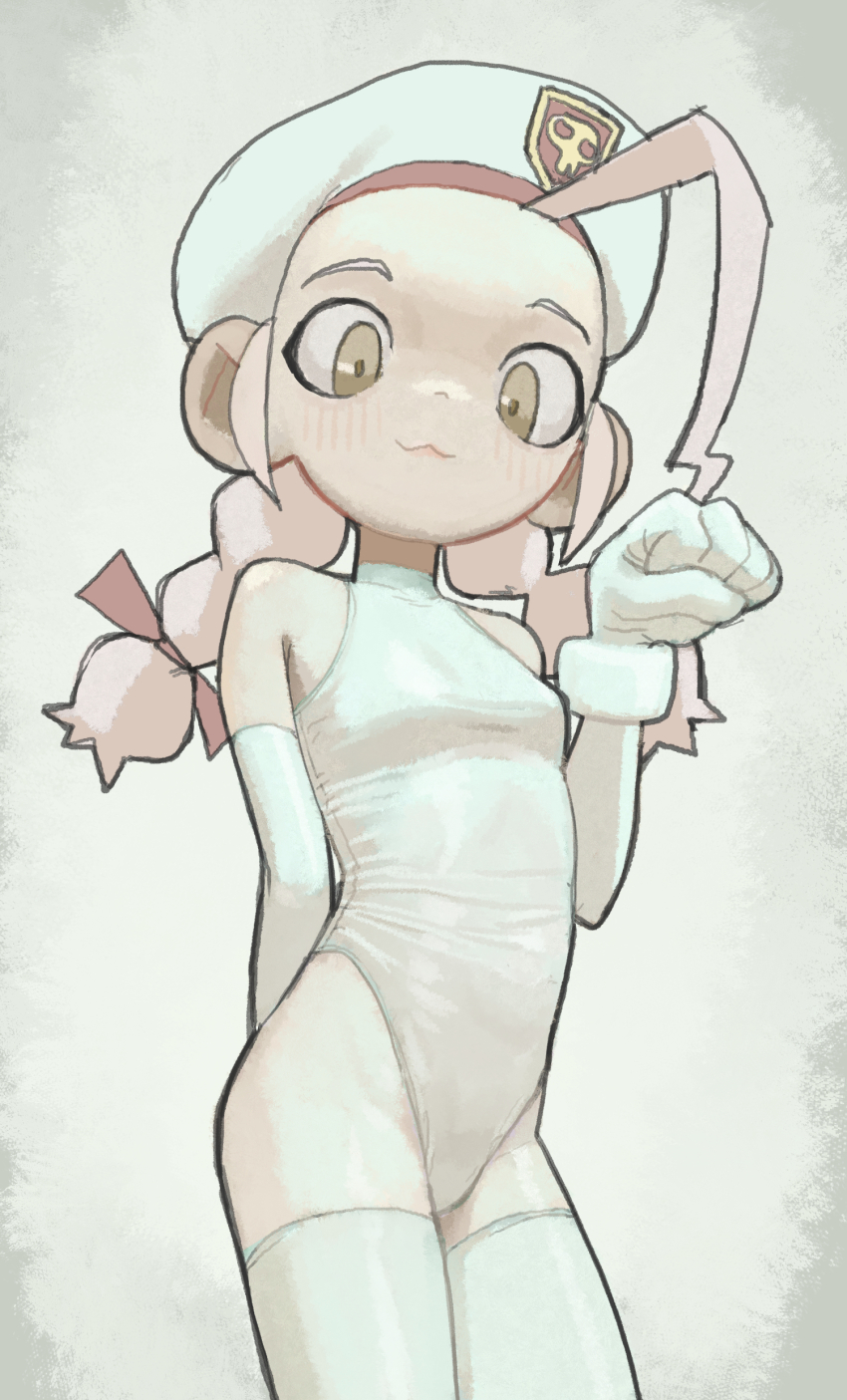 1girl, :3, absurdres, ahoge, beret, bow, braid, breasts, elbow_gloves, gloves, green_eyes, hair_bow, hat, highres, keroro_gunsou, leotard, neko_(keroro_gunsou), nuum, paw_pose, pink_hair, sidelocks, small_breasts, solo, thighhighs, twin_braids, white_gloves, white_hat, white_leotard, white_thighhighs