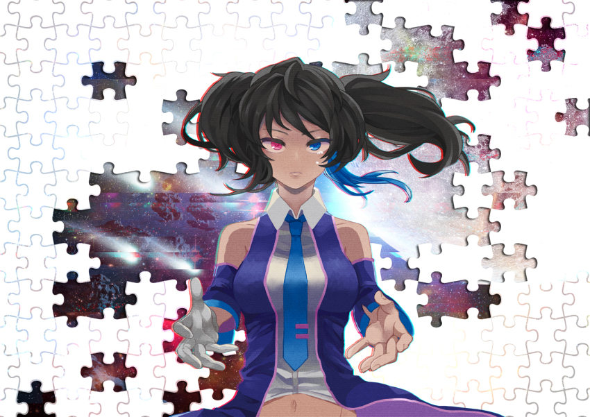 1girl, bare_shoulders, black_hair, blue_eyes, blue_hair, blue_jacket, blue_necktie, chromatic_aberration