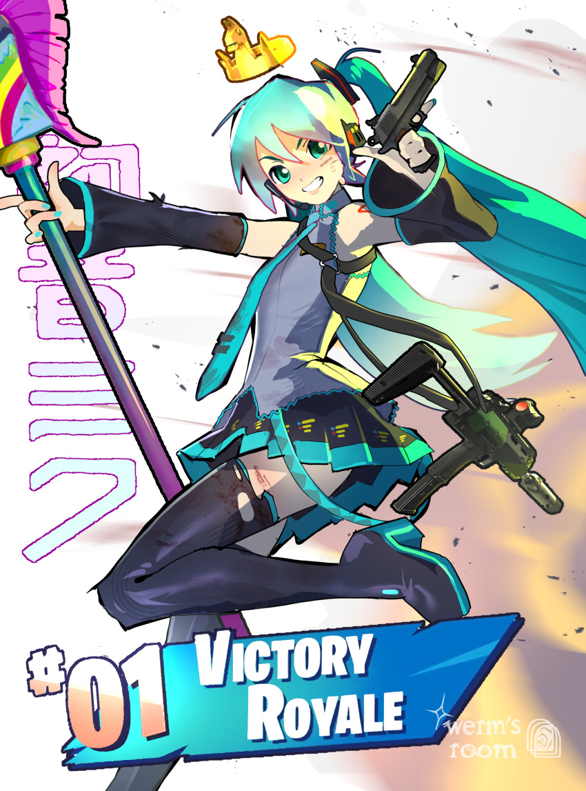 1girl, absurdres, aqua_eyes, aqua_hair, aqua_nails, aqua_necktie, commentary, derivative_work