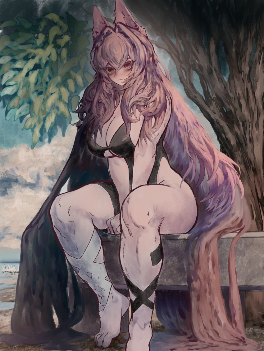 1girl, absurdres, animal_ears, arknights, black_one-piece_swimsuit, blush, breasts, closed_mouth, commentary, english_commentary, hair_between_eyes, hair_intakes, highres, large_breasts, long_hair, one-piece_swimsuit, outdoors, pink_eyes, pink_hair, pozyomka_(arknights), sitting, solo, swimsuit, thiccborb, thighs, tree, wolf_ears, wolf_girl