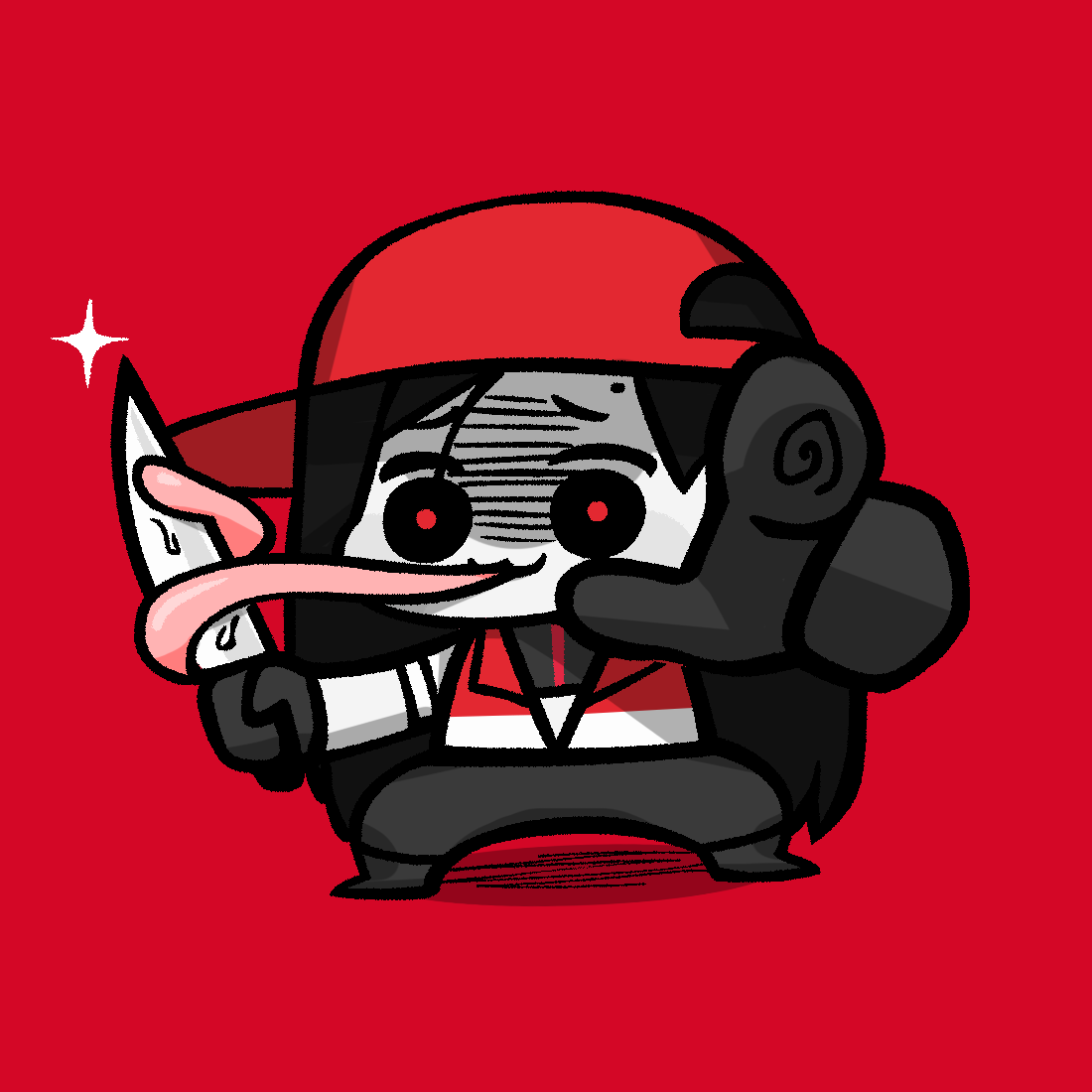 1girl, :3, backwards_hat, baseball_cap, black_eyes, black_gloves, black_hair, black_pants