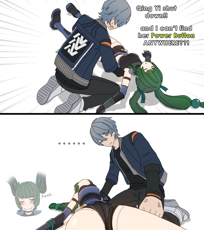 ..., 1boy, 1girl, 2koma, android, anger_vein, armlet, black_shorts, blue_jacket, blush, braid, clenched_hand, closed_mouth, comic, completely_unamused, deadpan, dorahdew, elbow_gloves, english_text, feigning_sleep, gloves, green_eyes, green_hair, grey_hair, hair_between_eyes, hair_bobbles, hair_ornament, hetero, highres, jacket, jewelry, joints, layered_sleeves, loli, long_hair, long_sleeves, lying, mechanical_arms, mechanical_legs, on_back, one_eye_closed, peeking, pervert, qingyi_(zenless_zone_zero), robot_girl, robot_joints, short_hair, short_over_long_sleeves, short_sleeves, shorts, simple_background, thighs, twin_braids, twintails, unamused, very_long_hair, white_background, wise_(zenless_zone_zero), zenless_zone_zero