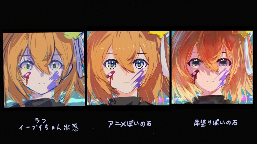 1girl, a.i._voice, adachi_rei, bandaid, bandaid_on_face, black_shirt, blue_background, closed_mouth