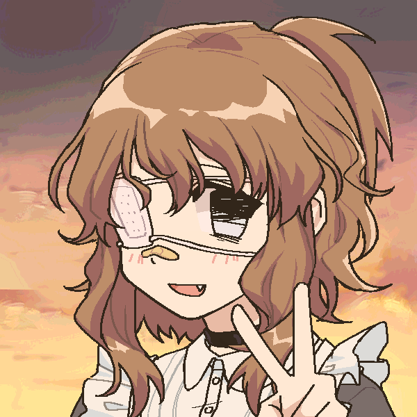 1girl, :d, apron, bandaid, bandaid_on_face, bandaid_on_nose, black_eyes, bonba, brown_hair, choker, dress, empty_eyes, eyepatch, false_smile, fang, frilled_apron, frilled_dress, frills, long_hair, looking_at_viewer, medical_eyepatch, open_mouth, original, picrew_(medium), ponytail, portrait, short_ponytail, smile, solo, sunset, v, wavy_hair