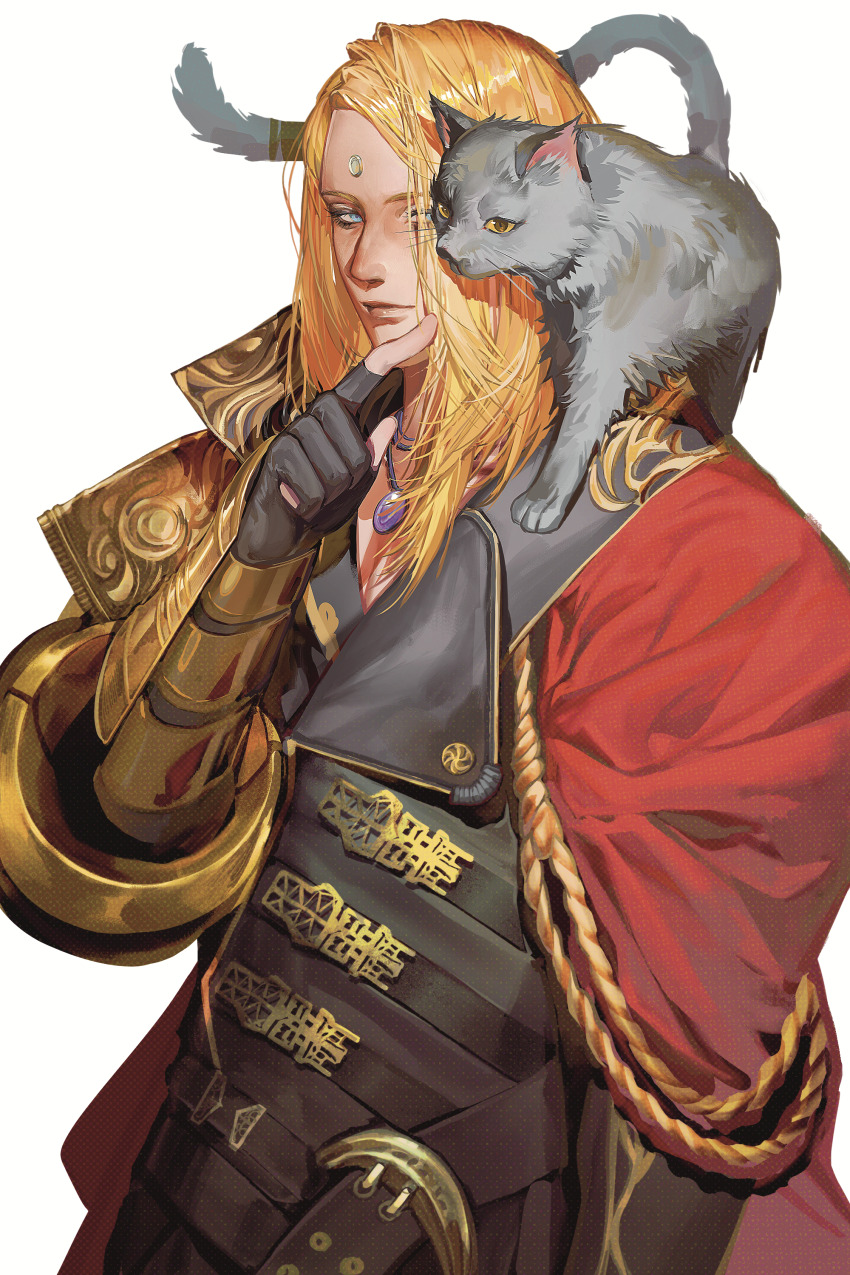 1boy, absurdres, animal, animal_on_shoulder, armor, black_coat, black_gloves, blonde_hair, blue_eyes, cape, cat, cat_on_shoulder, chinese_commentary, coat, commentary, commission, english_commentary, final_fantasy, final_fantasy_xiv, fingerless_gloves, forehead, ganzhe_shaguo, garlean, gauntlets, gloves, gold_armor, grey_cat, half-closed_eyes, highres, jewelry, making-of_available, male_focus, mixed-language_commentary, necklace, pectoral_cleavage, pectorals, procreate_(medium), red_cape, side_cape, simple_background, solo, third_eye, upper_body, white_background, zenos_yae_galvus
