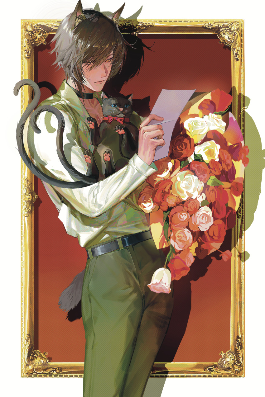 1boy, absurdres, animal, animal_ear_fluff, animal_ears, arknights, black_cat, black_choker, black_hair, border, bouquet, cat, cat_boy, cat_ears, cat_tail, chinese_commentary, choker, miss_christine_(arknights), collarbone, commentary, commission, cowboy_shot, flower, ganzhe_shaguo, gold_border, green_pants, green_shirt, hair_over_one_eye, highres, holding, holding_animal, holding_bouquet, holding_cat, holding_letter, letter, making-of_available, male_focus, ornate_border, outside_border, pants, pectoral_cleavage, pectorals, phantom_(arknights), pink_flower, pink_rose, procreate_(medium), reading, red_background, red_flower, red_rose, rose, shirt, short_hair, solo, tail, toned, toned_male, white_flower, white_rose
