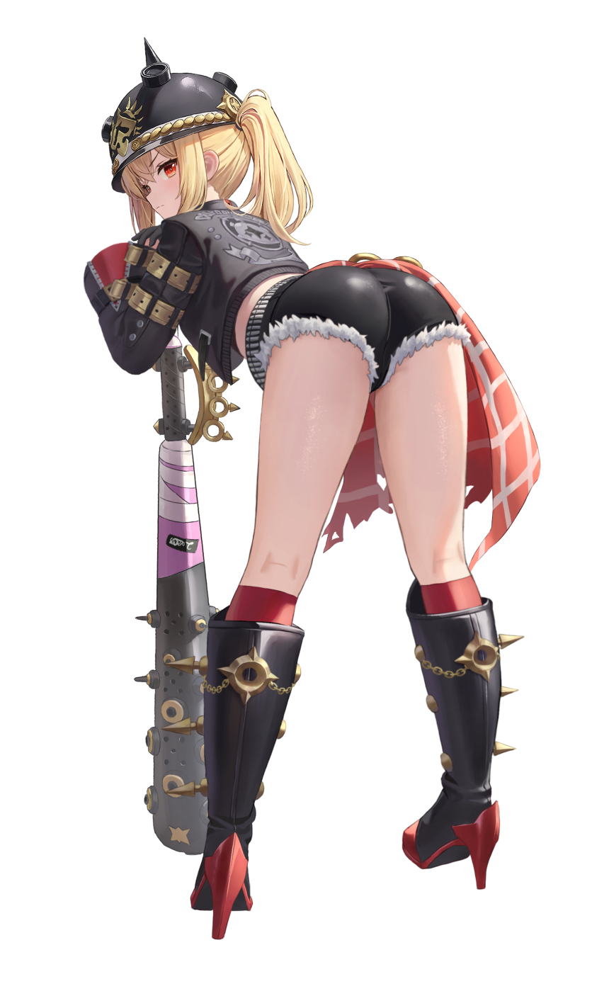 1girl, ass, baseball_bat, bent_over, black_shorts, blonde_hair, boots, denim