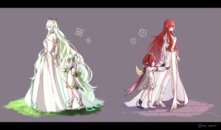 4girls, akishiorin, asymmetrical_footwear, bare_shoulders, black_gloves, black_hairband, black_shoes, body_markings, bracelet, breasts, commentary, crossover, detached_sleeves, dress, english_commentary, faceless, faceless_female, flat_chest, genshin_impact, gloves, gradient_hair, green_hair, hair_ornament, hairband, hand_up, high_heel_sandals, high_heels, highres, holding_hands, honkai:_star_rail, honkai_(series), jewelry, large_breasts, letterboxed, long_hair, medium_breasts, mihoyo, mismatched_footwear, multicolored_hair, multiple_girls, nahida_(genshin_impact), pointing, pointy_ears, red_hair, rukkhadevata_(genshin_impact), sandals, shirt, shoes, short_hair, side_ponytail, sleeveless, sleeveless_dress, stirrup_legwear, strapless, strapless_dress, streaked_hair, toeless_legwear, tribbie_(honkai:_star_rail), tribios_(honkai:_star_rail), twitter_username, very_long_hair, white_dress, white_hair, white_shirt, white_shoes