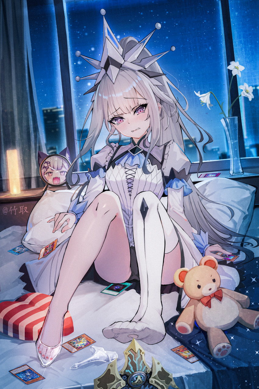 1girl, absurdres, bed, black_panties, blush, crying, dress, duel_monster