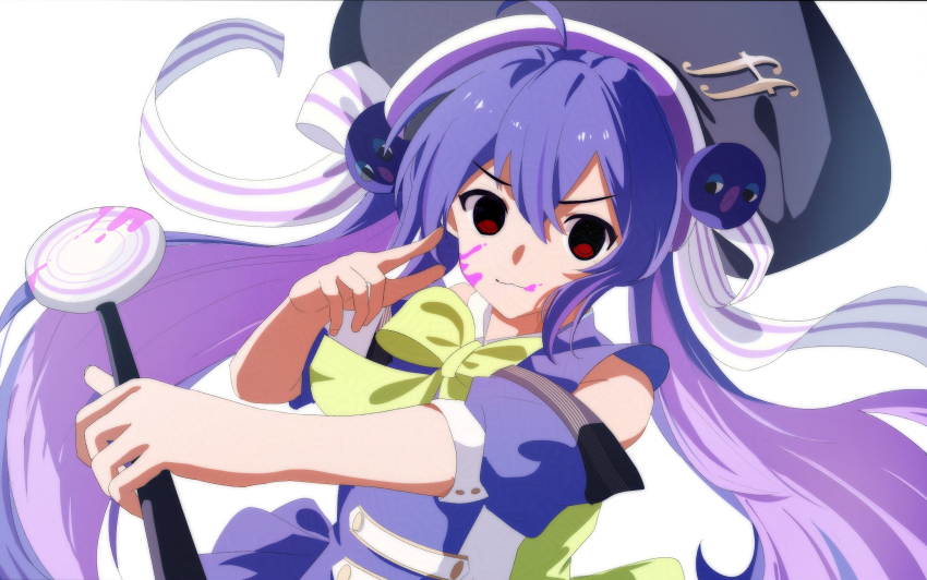 1girl, absurdres, bare_shoulders, black_hat, blood, blood_on_face, blue_dress, blue_hair