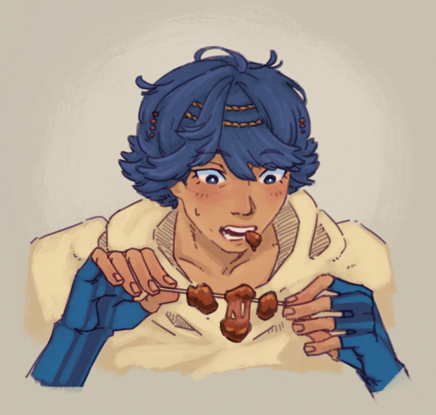 1boy, baten_kaitos, blue_eyes, blue_hair, eating, fingerless_gloves, food, giantratbf