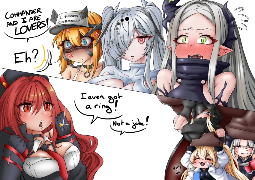 6+girls, absurdres, anger_vein, angry, armored_bodysuit, armored_leotard, armpit_cutout, bandaid