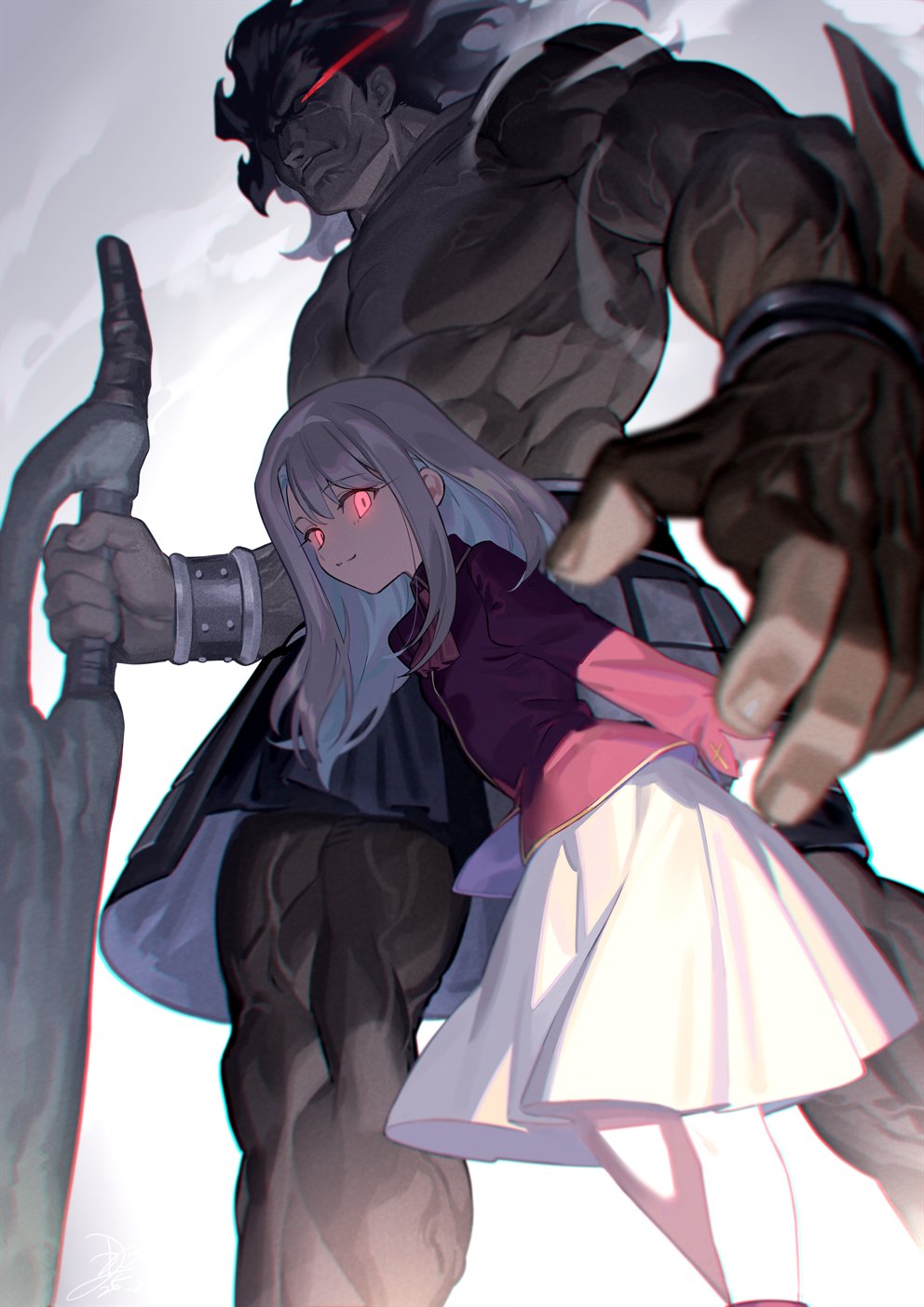 arms_behind_back, black_hair, dark-skinned_male, dark_skin, dress, fate/stay_night, fate_(series), glowing, glowing_eyes, heracles_(fate), highres, illyasviel_von_einzbern, long_hair, long_sleeves, looking_at_viewer, muscular, muscular_male, nameless_axe-sword_(fate), nao_(syn_eaa), pink_eyes, red_eyes, skirt, smile, steaming_body, sword, veins, weapon, white_hair