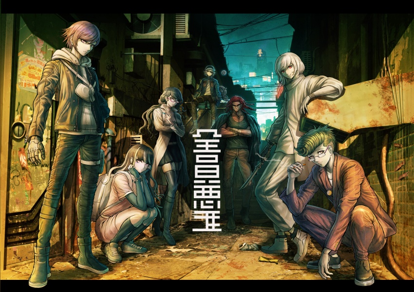 2girls, 5boys, absurdres, akudama_drive, brawler_(akudama_drive), concept_art, copyright_name, courier_(akudama_drive)