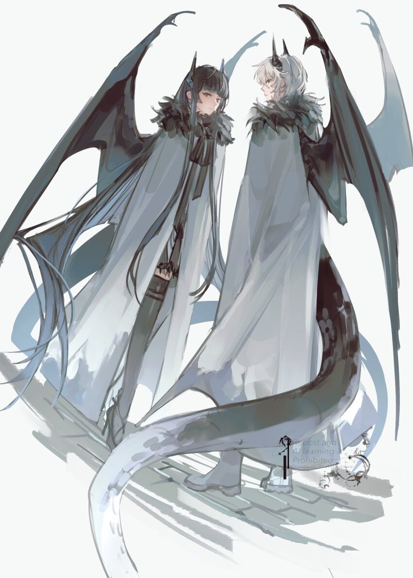 1boy, 1girl, arknights, bai_zhong, black_hair, black_ribbon, black_shoes, black_thighhighs