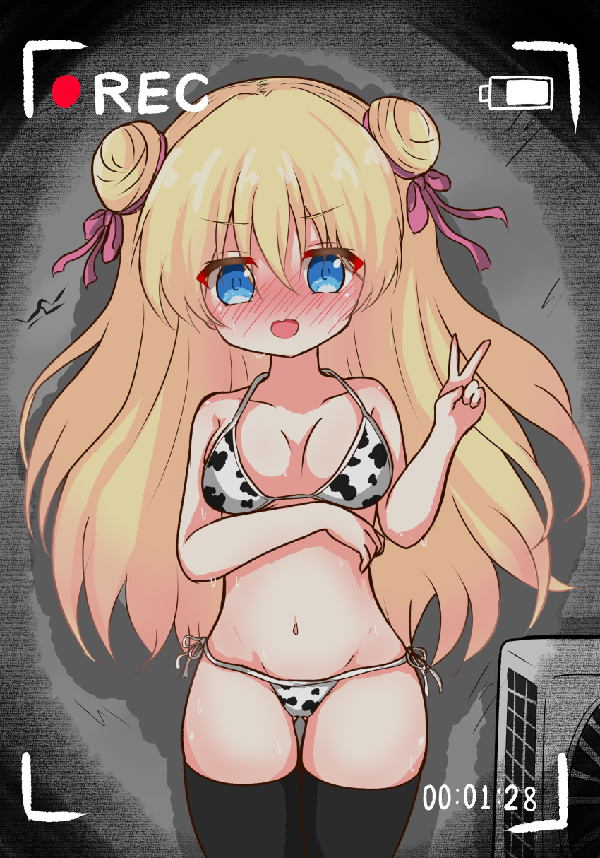 1girl, absurdres, animal_print, battery_indicator, bikini, black_socks, blonde_hair, blue_eyes